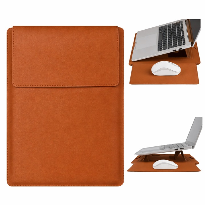 Laptop tok 13-14 hüvelykes, 3 az 1-ben összecsukható állvánnyal, kompatibilis MacBook Air, MacBook Pro modellekkel, Ökológiai bőr, Univerzális méret, 34 x 25 cm, Konyakbarna