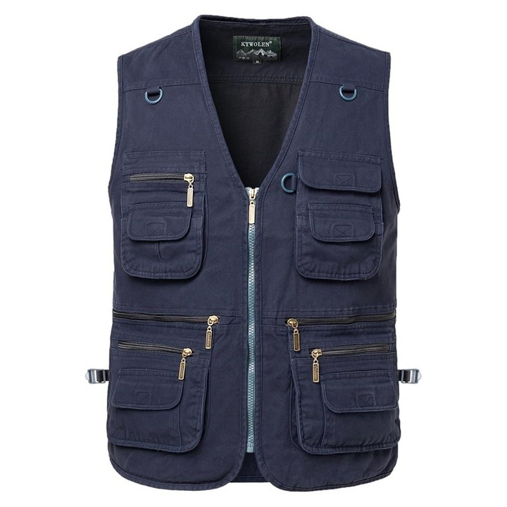 Vesta multifunctionala barbati, tip Safari/Fotograf, buzunare, denim, Pescuit, Drumetii, Albastru inchis, 3XL