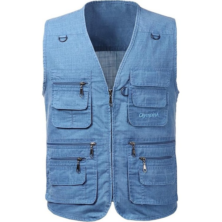Vesta multifunctionala barbati, tip Safari/Fotograf, buzunare, denim, Pescuit, Drumetii, Albastra 7XL