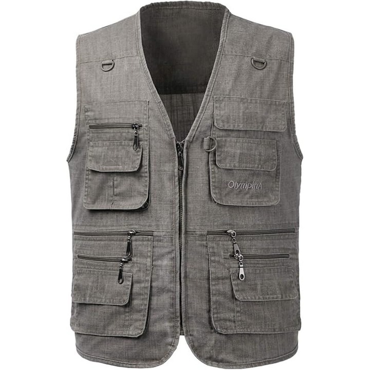 Vesta multifunctionala barbati, tip Safari/Fotograf, buzunare, denim, Pescuit, Drumetii, Gri inchis 4XL