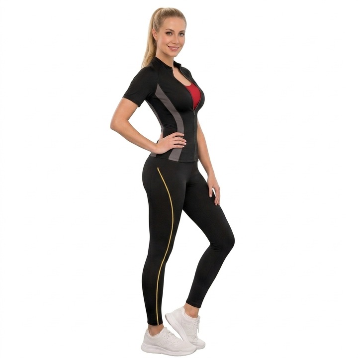 Costum de slăbit din neopren, SlimBody, set tricou cu fermoar și pantaloni talie înaltă, negru