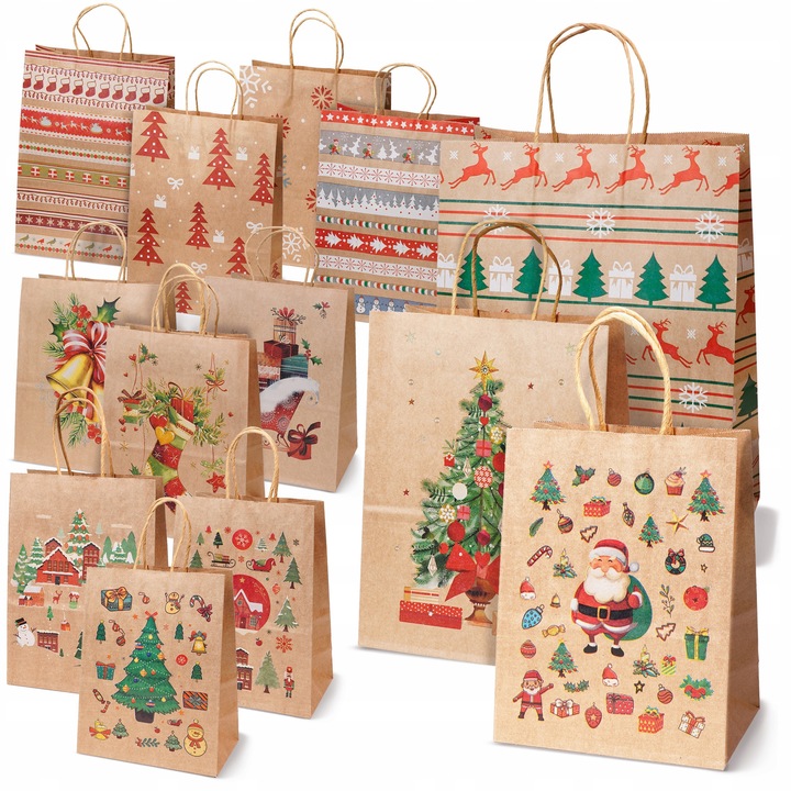 Set 12 pungi de hartie pentru cadouri, Allbag, imprimeuri festive, 3 dimensiuni, ecologice