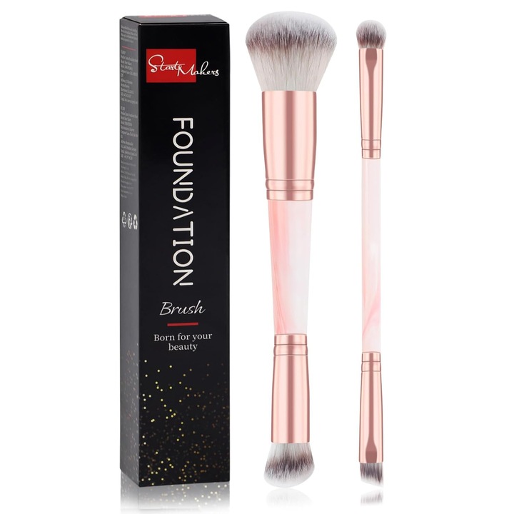Set de 2 pensule de machiaj, 2 in 1 cu capete duble, maner din lemn, machiaj profesional/ incepatori, pentru fata si sprancene, pentru fard de pleoape, Roz