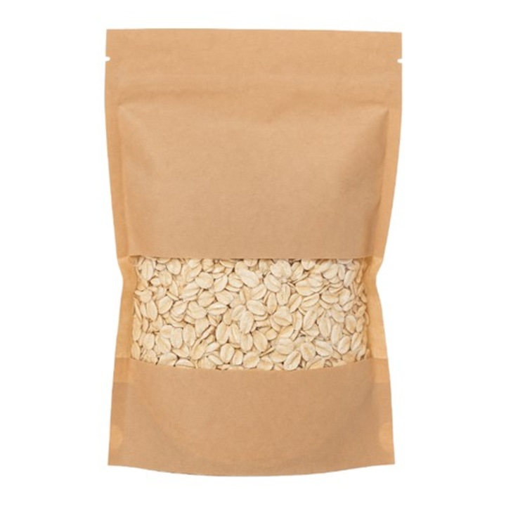 Punga Doypack NEOPAK, din hartie si PE, 500 ml, 130x225x70 mm, Maro cu fereastra transparenta, cu inchidere ziplock, set 100 buc