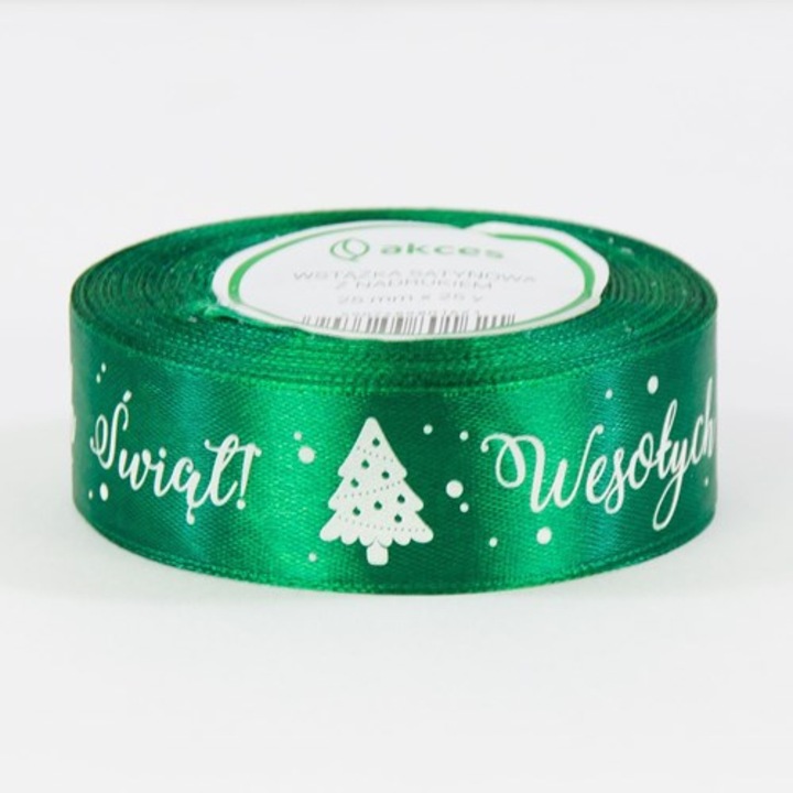 Panglica satinata de Craciun, Verde, cu mesaj 'Craciun Fericit', 25mmx22m