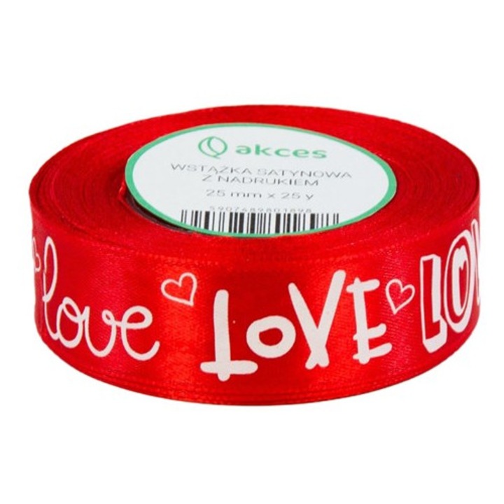 Panglica pentru cadouri, cu imprimeu LOVE, din satin, Rosu, 25mm x 22m