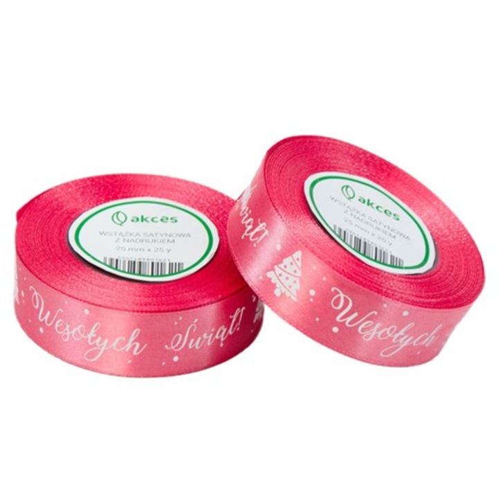 Panglica de Craciun, 25mm x 22m, Rosu, din satin, cu model