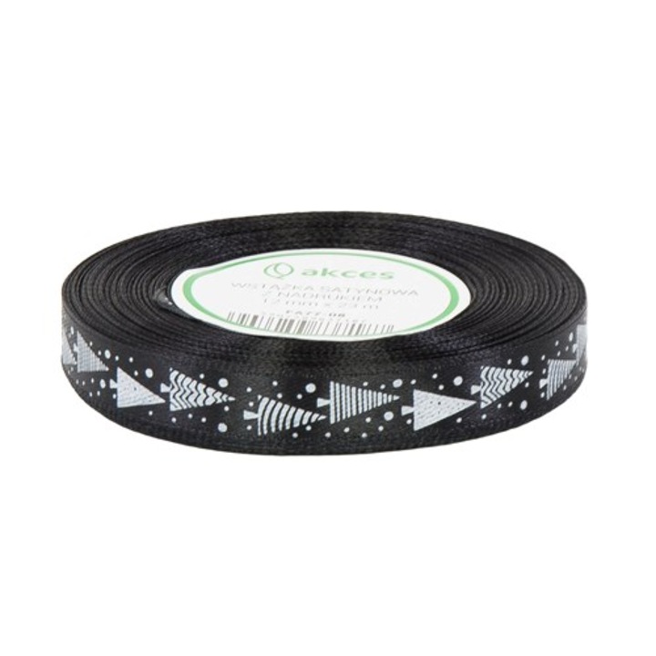 Panglica, de Craciun, satinata, Negru, 12mmx22m, cu model