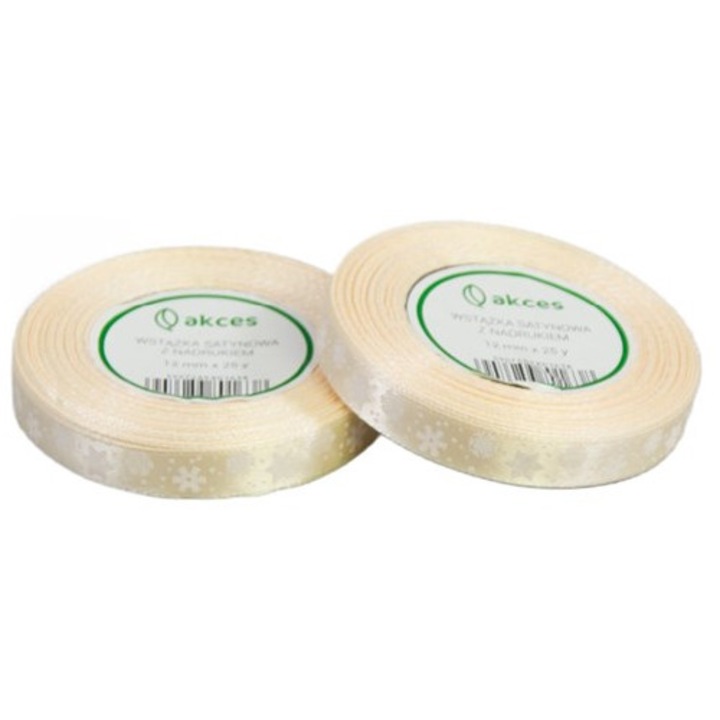 Panglica decorativa de Craciun, 12mmx22m, Crem cu fulgi de nea, din satin