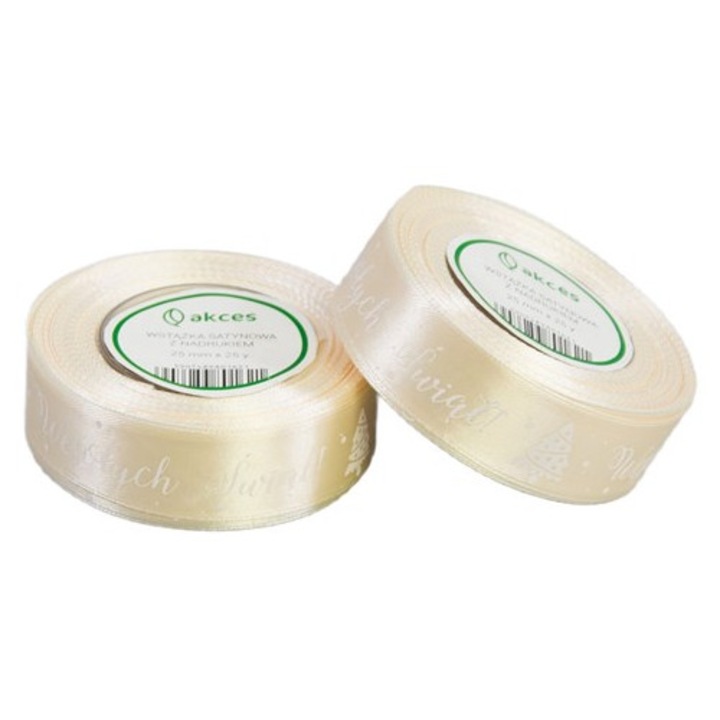 Panglica de Craciun, satinata, crem, cu imprimeu 'Craciun Fericit', 25 mm x 22 m