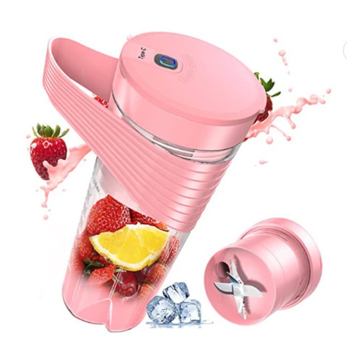 Pahar blender portabil, 460ml, design waterproof, alb, cu maner din silicon, set cu pai