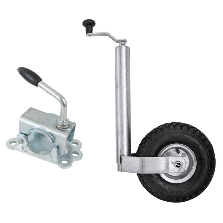 Roata Remorca Cu Suport Si Clema Fonta, KNOTT, TK48+LBG48, Set Complet Cu Suruburi, Roata Gonflabila Pentru Amortizare, Manevrare Usoara Pe Teren Accidentat, Otel Zincat Rezistent La Rugina, Sarcina 150kg, Diametru 48mm, 500-720mm, Argintiu