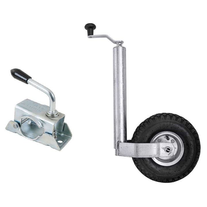 Roata Remorca Cu Suport Si Clema, KNOTT, TK48+LB48, Set Complet Montaj, Roata Gonflabila Amortizeaza Socuri, Manevrare Usoara Pe Teren Accidentat, Otel Zincat Rezistent La Rugina, Sarcina 150kg, Diametru 48mm, 500-720mm, Argintiu