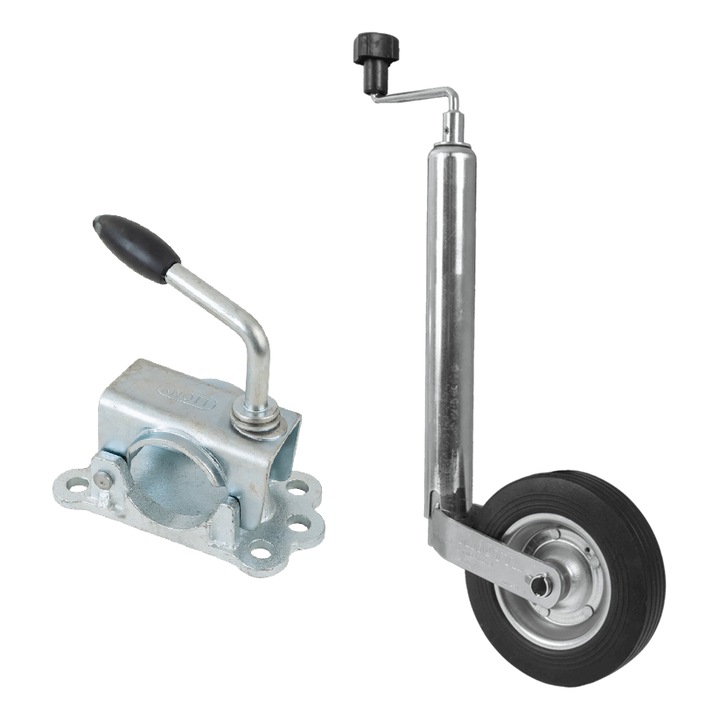 Roata Remorca Cu Suport Si Clema Fonta, KNOTT, TK48+LBG48, Set Complet Cu Suruburi, Manevrare Usoara Si Stabilitate, Otel Zincat Rezistent La Rugina, Roata Cauciuc Plin, Sarcina 150kg, Diametru 48mm, 480-700mm, Argintiu