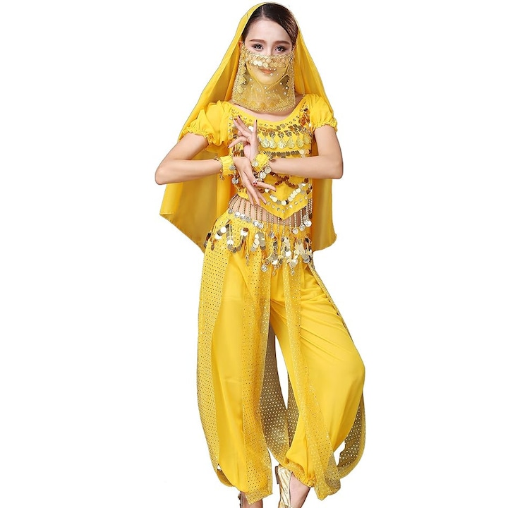 Costum dans oriental dama Astage, tribal, pentru festival si Halloween, marime S, galben