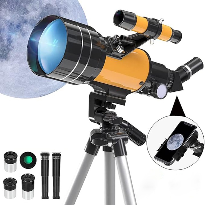 Telescop Astronomic Profesional Copii Adulti, SANSES, Diametru Obiectiv 70 mm, Reglabil, Distanta Focala 300 mm, cu Trepied din Aluminiu, 15-150X, Include 3 Oculare, Luneta de Gasire, Portabil, Portocaliu/Negru