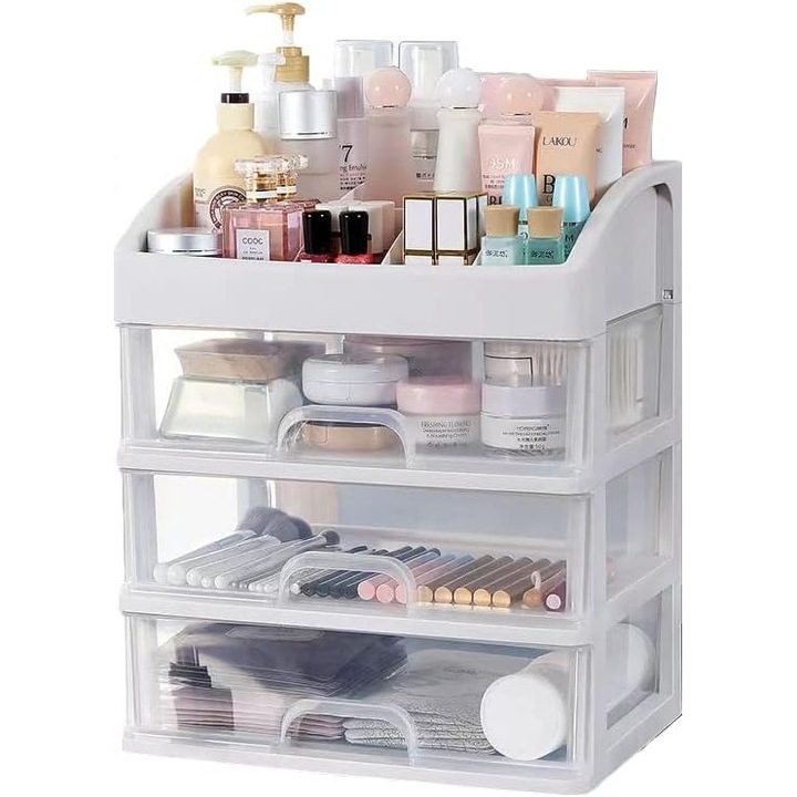 Organizator cosmetice Soulima, cutie machiaj cu sertare, 3 sertare si 6 compartimente, organizator make up si bijuterii, 27 x 23.5 x 17 cm, plastic PP, Transparent