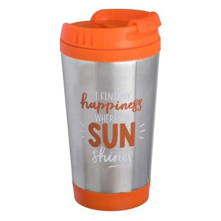 Pahar voiaj cafea Argintiu-Portocaliu exterior metalic 0% BPA capac silicon 340ml