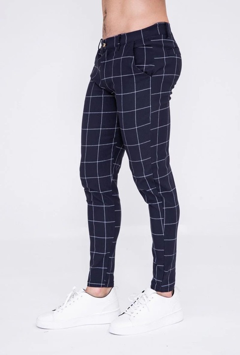 Pantaloni barbati casual, carouri, viscoza, Alb/Bleumarin