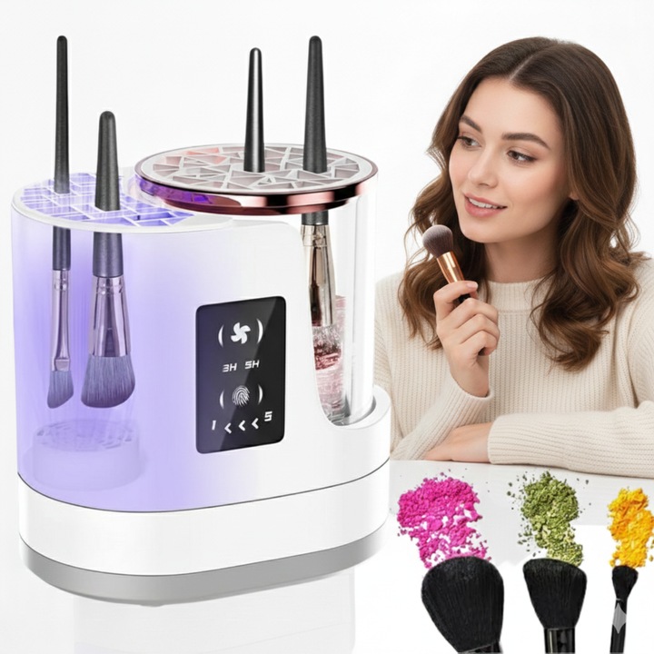 Aparat Curatare Pensule Machiaj ZENTRA, 3 in 1, Uscare si Sterilizare UV, Curatare Ultrasonica, Electric, 850 RPM, Touch Screen, Mentine Forma Pensulelor, Pentru Toate Tipurile Pensule, Include Adaptor Priza si Cablu USB, Alb