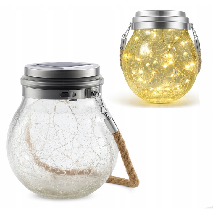 Lampa solara decorativa LED, Allbag, stil sticla crackle, 30 micro-LED, alb cald, 10,5x14cm, set 1 buc.