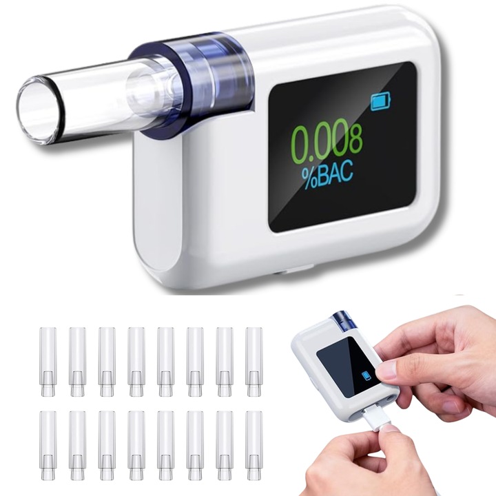 Alcool Tester Profesional ZENTRA, Etilotest, Reincarcabil USB-C, Precizie Ultra-Ridicata +/- 0.01% BAC, Analiza Rapida, Calibrare Automata, Detectie Suflat Fals, 4 Unitati Masura, Ecran LCD Color, Alerta Sonora, 16 Mustiucuri, Alb