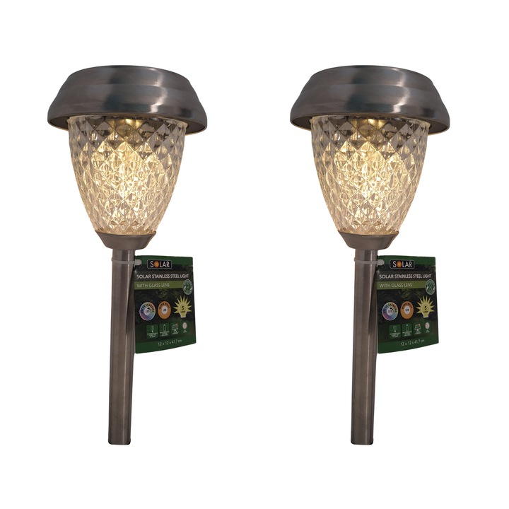 Set 2 lampi solare gradina LED RGB + lumina calda, inox, cu panou solar, iluminare automata, 41.7 cm