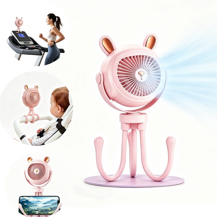 Hordozható ventilátor, rugalmas és levehető állvány, LED éjszakai fény, 3 szélsebesség, USB töltés, 360°-os forgatás, csendes működés, alkalmas babakocsikhoz, edzőtermekhez, kempingezéshez, autókhoz, otthonokhoz stb., rózsaszín