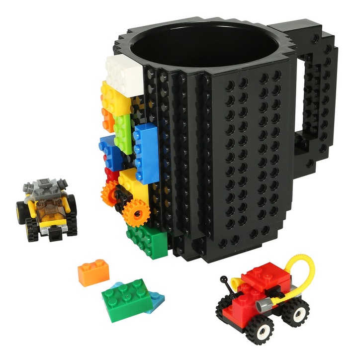 Cana cu Piese de Constructie Build-on Brick, Cana Creativa DIY cu Caramizi, Cadou Amuzant pentru Copii si Adulti, negru