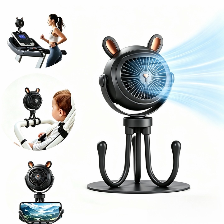 Hordozható ventilátor, rugalmas és levehető állvány, LED éjszakai fény, 3 szélsebesség, USB töltés, 360°-os forgatás, csendes működés, babakocsikhoz, edzőtermekbe, kempingezéshez, autókba, otthonokba stb. alkalmas, fekete