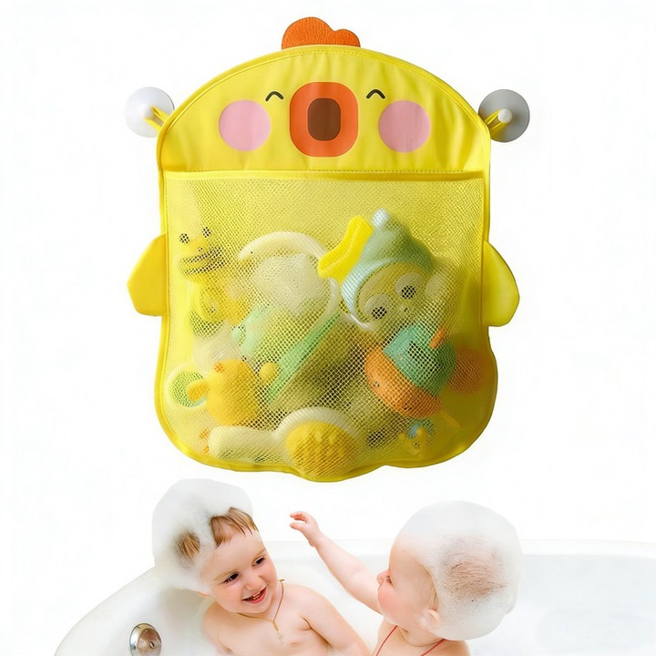 Organizator Jucarii de Baie cu Ventuze OLOEY®, Model Rata, Sac Depozitare Mare 42x43cm, Poliester, Capacitate Mare, Usor de Montat