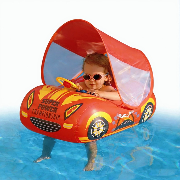 OLOEY Colac de Inot pentru Copii – Masina de Sport Rosie 3D cu Volan + Parasolar Reglabil, PVC, 3+ Ani