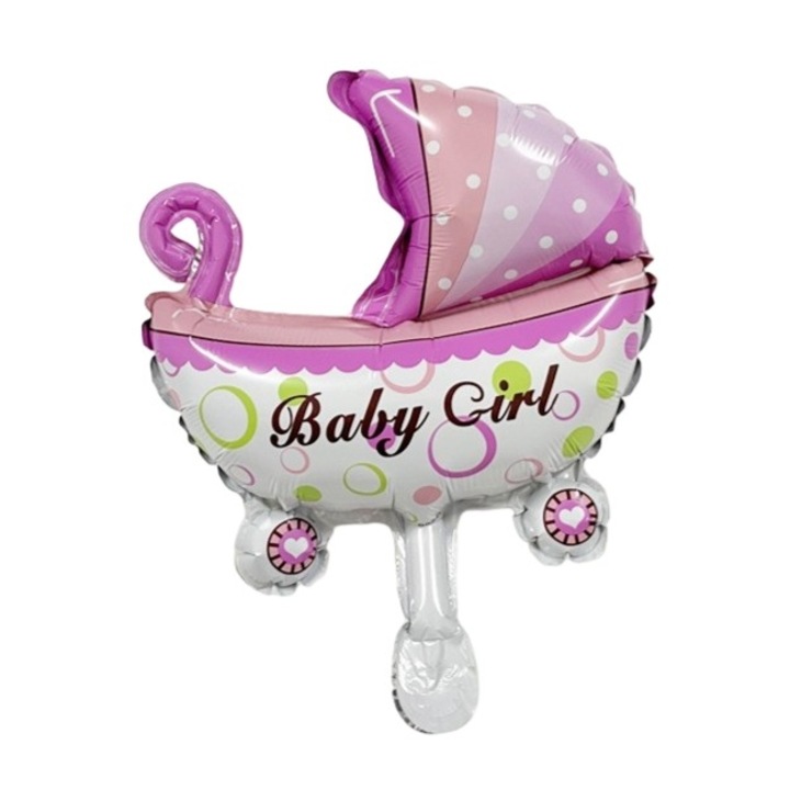 Balon din Folie Metalizata, Mini Figurina, Model Carucior Bebelus, Tematica Gender Reveal, 39x29 cm, Ambalaj Individual, Pai Inclus, Umflare cu Aer sau Heliu, Roz