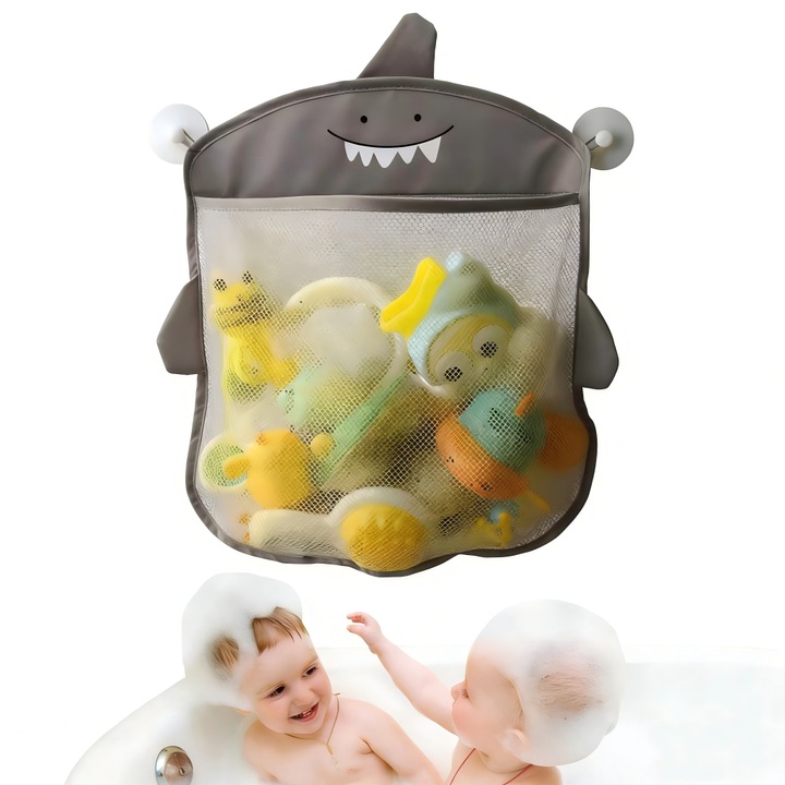 Organizator Jucarii de Baie cu Ventuze OLOEY®, Model Rechin, Sac Depozitare Mare 42x43cm, Poliester, Capacitate Mare, Usor de Montat