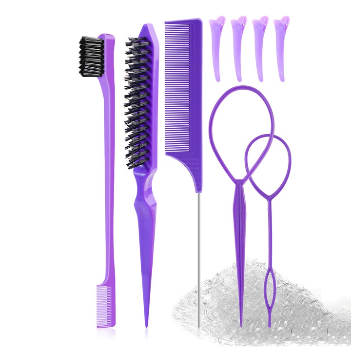 Set Accesorii Coafat DUAIU - 2 Unelte pentru Varfuri, Perie Volum din Par de Mistret, Pieptene Metalic, 4 Agrafe si 200 Elastice, Ideal pentru Coafuri si Styling, Roz