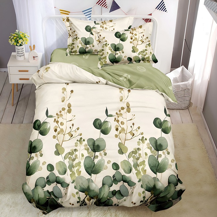 Lenjerie de pat EmonaMall S18397, Reversibilă, Cu elastic, Dimensiune pentru pat matrimonial, 2 fețe de pernă, 4 piese, Bej/Verde