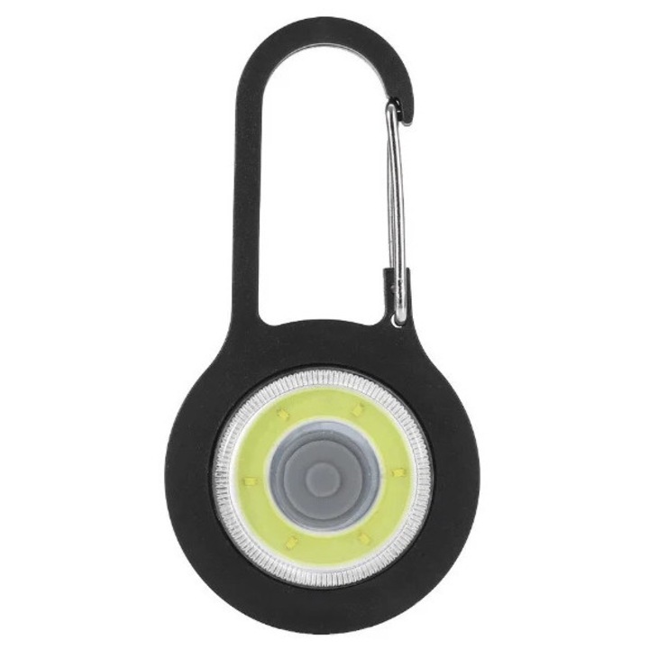 Lanterna breloc LED COB cu carabiniera, 3 moduri iluminare, portabila multifunctionala, dimensiune compacta 8x4 cm, negru