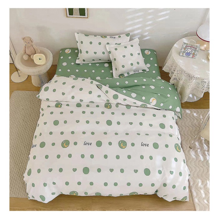 EmonaMall S15813 ágyneműgarnitúra, egyszemélyes ágy méret, kétoldalas, gumis, 2 párnahuzat, 4 részes, fehér/zöld