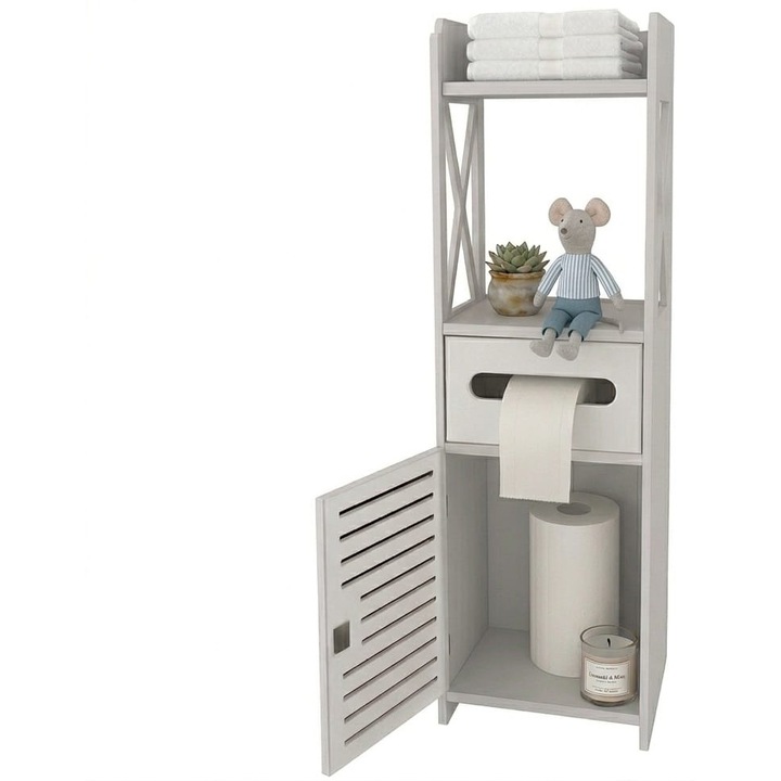 Dulap baie tip coloana, independent, cu suport integrat pentru hartie igienica, compartiment cu usa perforata si incuietoare cu cheie, spatii multiple de depozitare, 80x20x21 cm, culoare alb