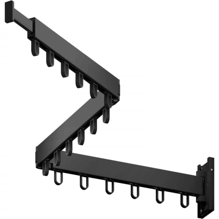 Suport pliabil extensibil perete pentru uscare haine, 114 cm, 18 carlige rotative, aluminiu, negru