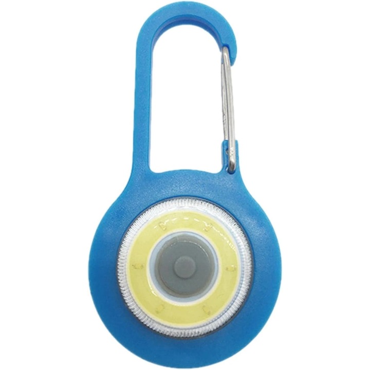 Lanterna mini LED COB cu carabiniera, 3 moduri iluminare, portabila multifunctionala pentru rucsac, bicicleta sau zgarda, albastru 8x4 cm