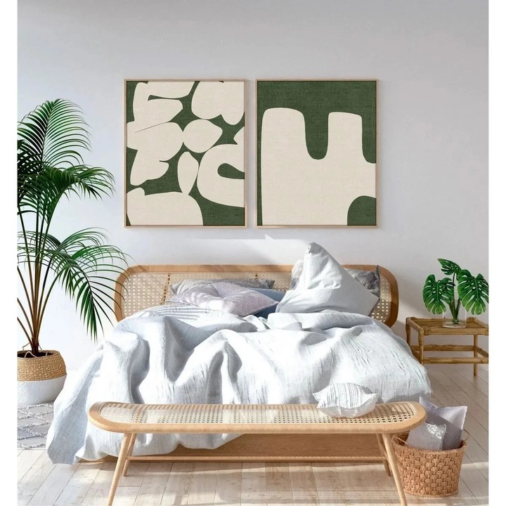 Set tablou decorativ Re-Bloom, 2 piese, MDF/lemn masiv, natur/alb/verde, 50 x 70 cm