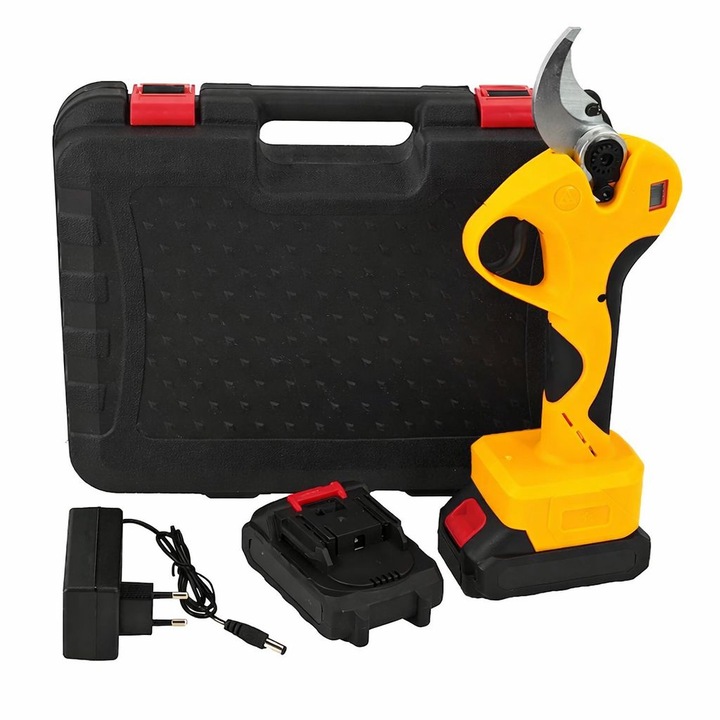 Foarfeca de gradina electrica cu 2 acumulatori 24 V HOZRO, deschidere 30 mm - max 45 mm, indicator procentaj baterie si numar de taieri, pentru vita de vie si crengute, livade