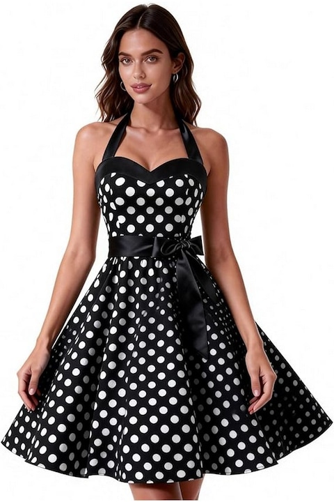 Rochie vintage Audrey, stil Rockabilly, anii 1950, pentru femei, negru cu buline albe mari, DRESSTELLS, Negru