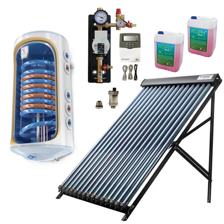 Pachet solar TERMAX, colector cu 20 tuburi vidate heat-pipe, control temperatură, boiler termoelectric 150 litri, pentru 3 persoane