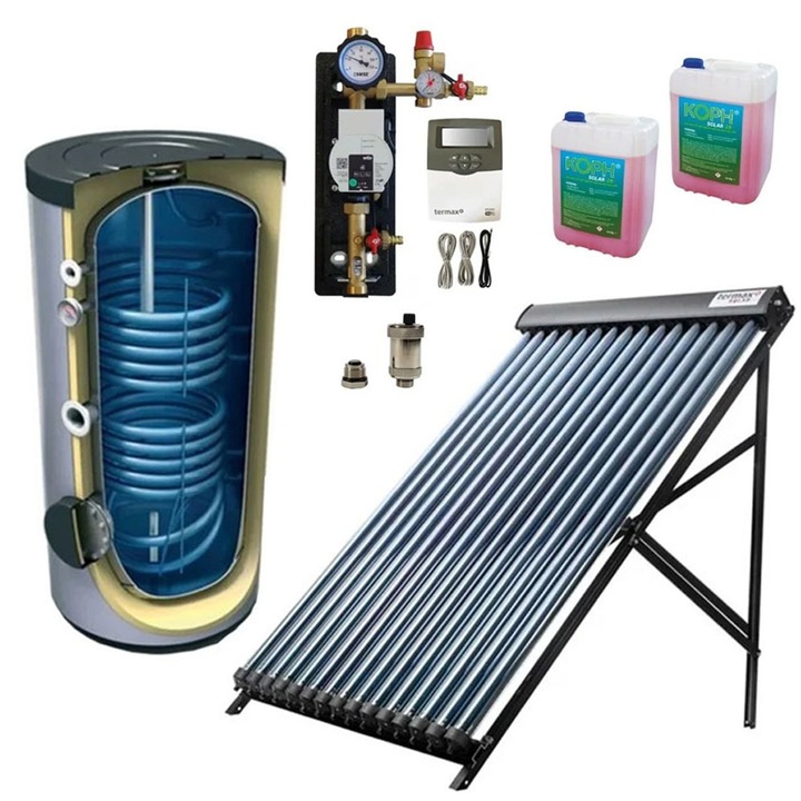 Pachet solar Termax T201 pentru 4 persoane, colector cu 20 tuburi, boiler 200 litri, control temperat, antigel