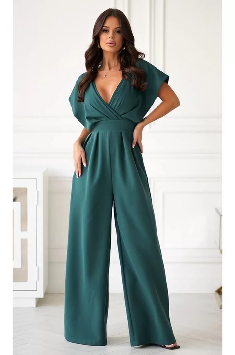 Salopeta Bicotone evazata, verde, cu talie inalta si buzunare, Verde