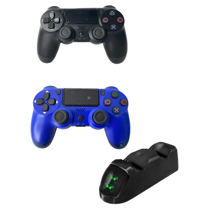 Set 2 Controlere Wireless PS4 cu Stație de Încărcare Duală, Negru și Albastru, 175x60x55mm
