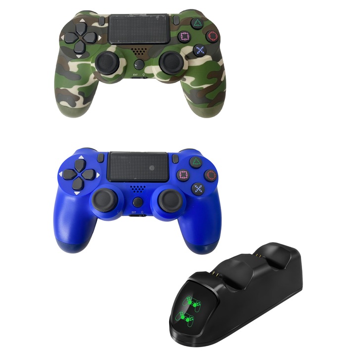 Set statie încărcare duală cu 2 controlere PS4, army camuflaj și albastru, 175x60x55mm