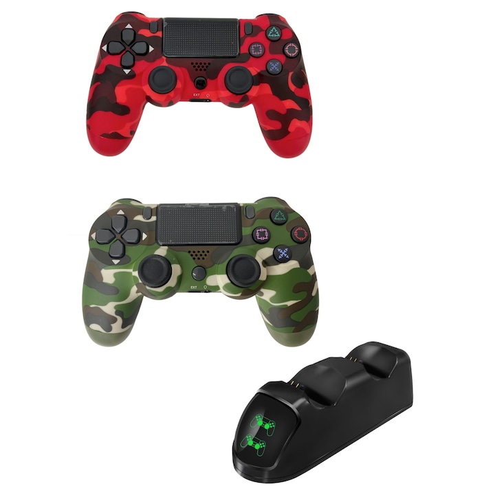 Set Statia de Încărcare Duala cu 2 Controlere Wireless PlayStation 4, Verde Camuflaj și Roșu Camuflaj, 175x60x55mm